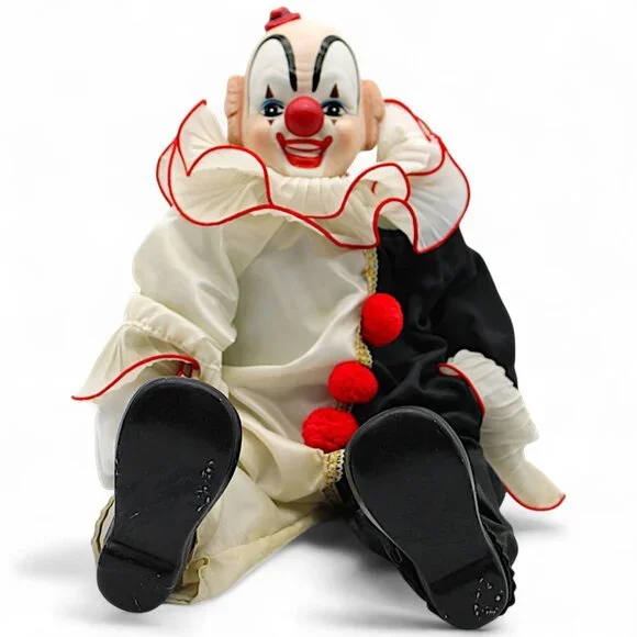 Dynasty Doll Collection Pierrot Clown Doll With Red Trim & Pom-Poms - Picture 1 of 7
